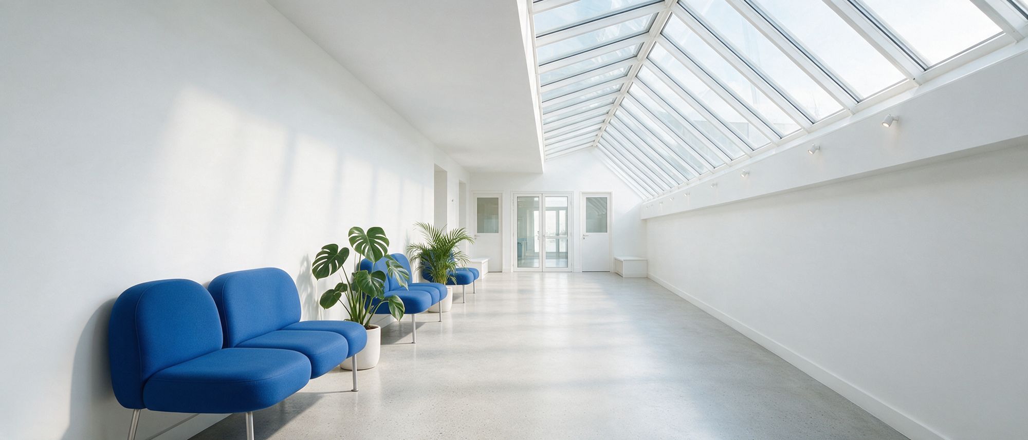Couloir baigné de lumière d'une maison de santé, verrière et assises bleues
